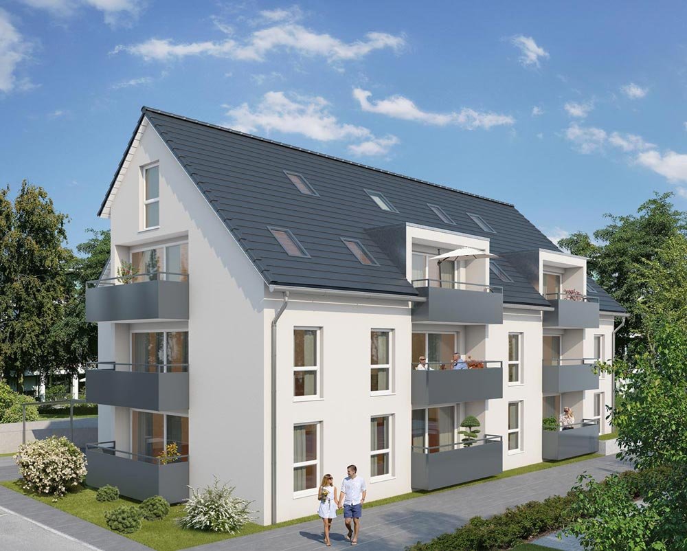 Geräumiges Mehrfamilienhaus mit Balkonen in Grünlage, moderne Architektur, sonnige Terrasse, inklusive Gartenflächen.