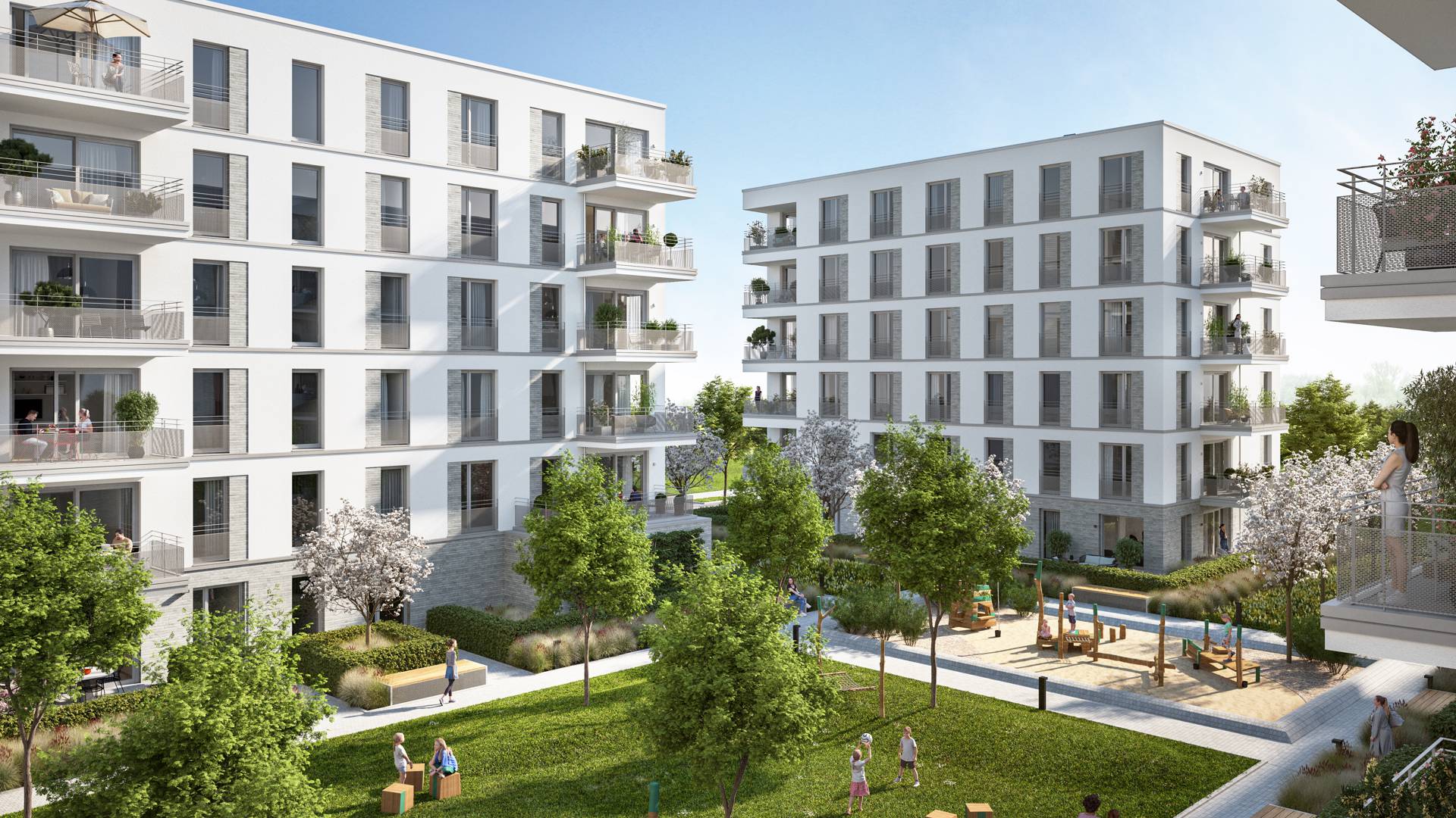 Moderne Wohnanlage mit begrüntem Innenhof und Gemeinschaftsflächen in urbaner Lage.