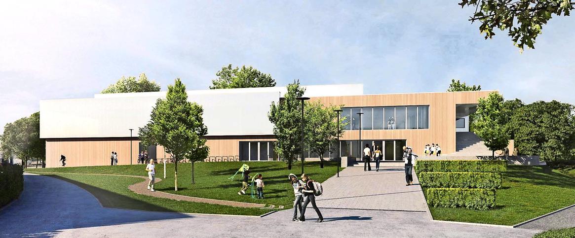 Moderne Schulungs- und Seminarzentrum mit nachhaltigem Design, umgeben von Grünflächen und Bäumen.