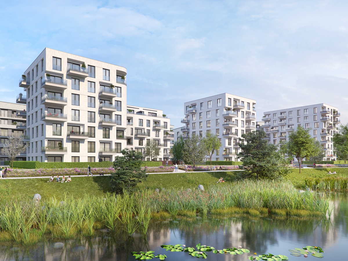 Moderne Wohnanlage mit Wasser und Grünflächen, nachhaltige Stadtentwicklung, PLACE Strategy GmbH.